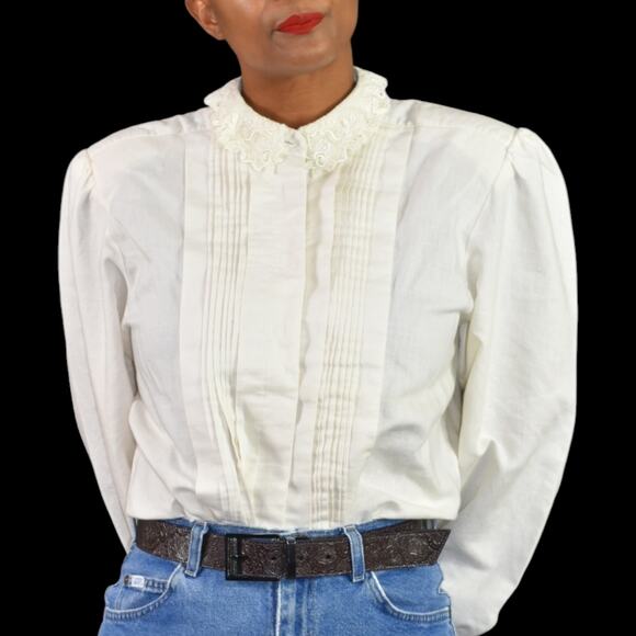 Vintage Peter Pan Collar Shirt White Shoulder Pads Gigot Embroidery Lace Large - Picture 1 of 16